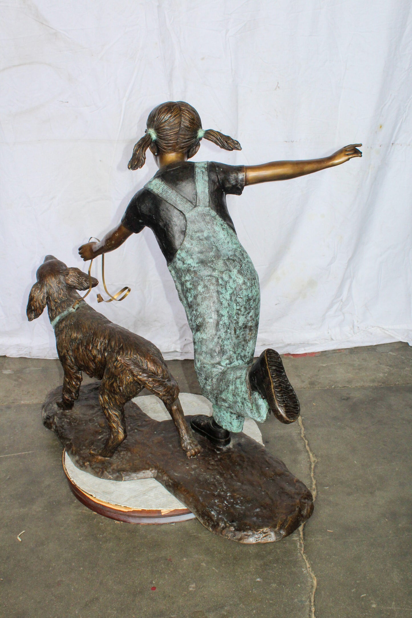 Young Girl and Her Dog Playing Bronze Statue 53" x 21" x 40"H