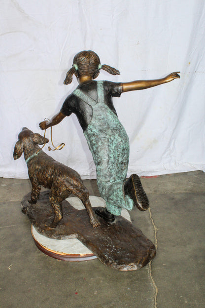 Young Girl and Her Dog Playing Bronze Statue 53" x 21" x 40"H