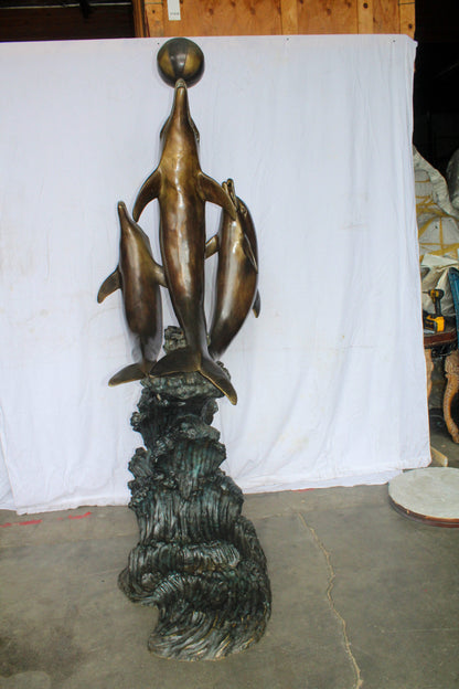 Three Dolphins Performing with Beach Ball Giant Bronze Fountain 41" x 27" x 91"H