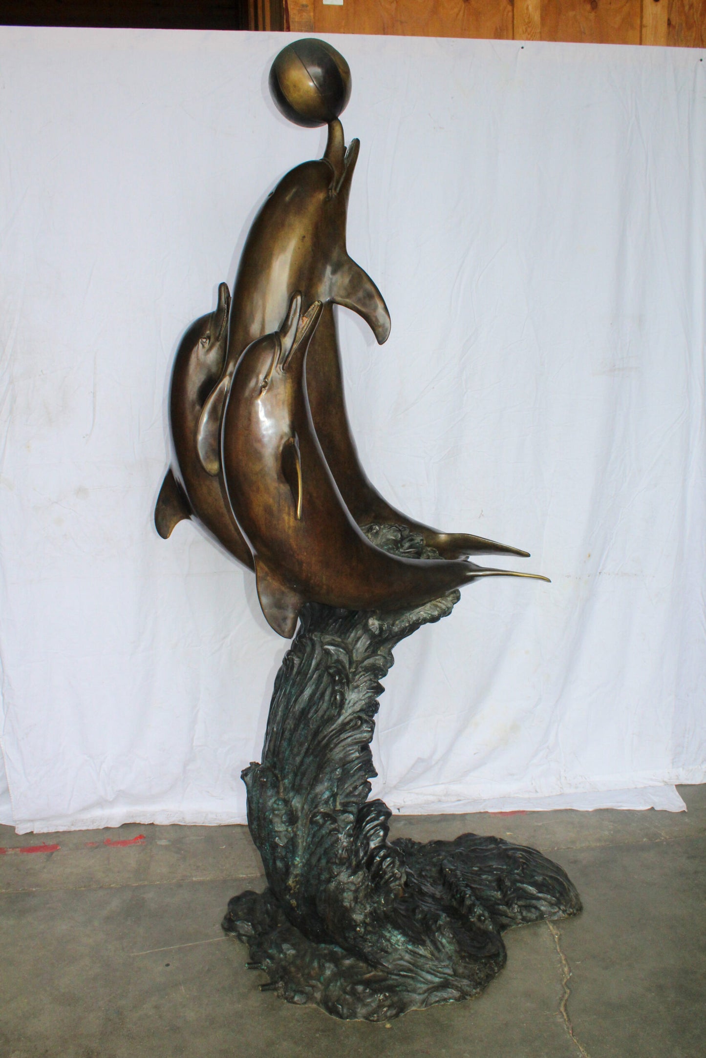 Three Dolphins Performing with Beach Ball Giant Bronze Fountain 41" x 27" x 91"H