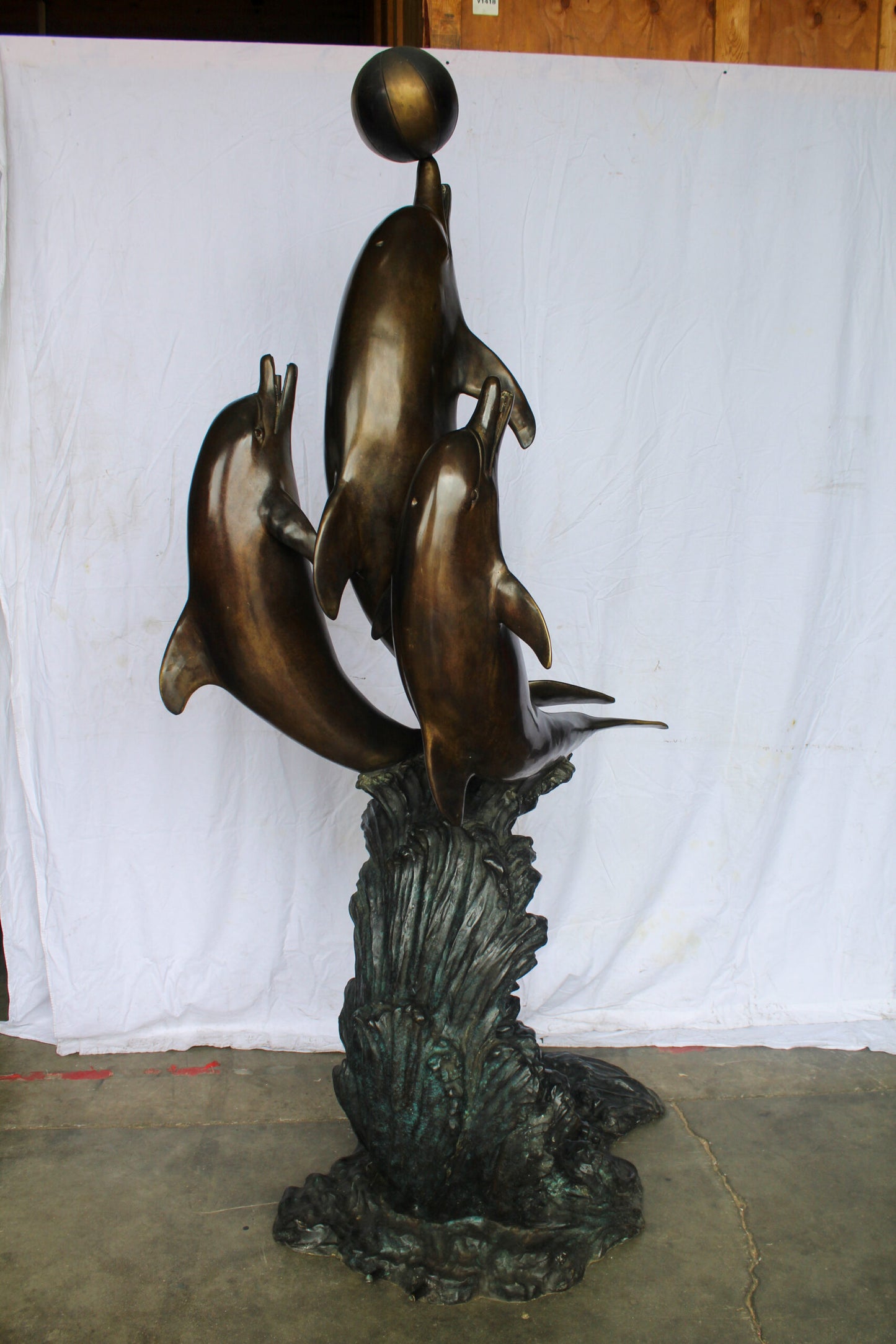 Three Dolphins Performing with Beach Ball Giant Bronze Fountain 41" x 27" x 91"H