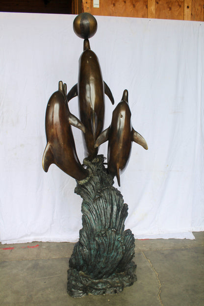 Three Dolphins Performing with Beach Ball Giant Bronze Fountain 41" x 27" x 91"H