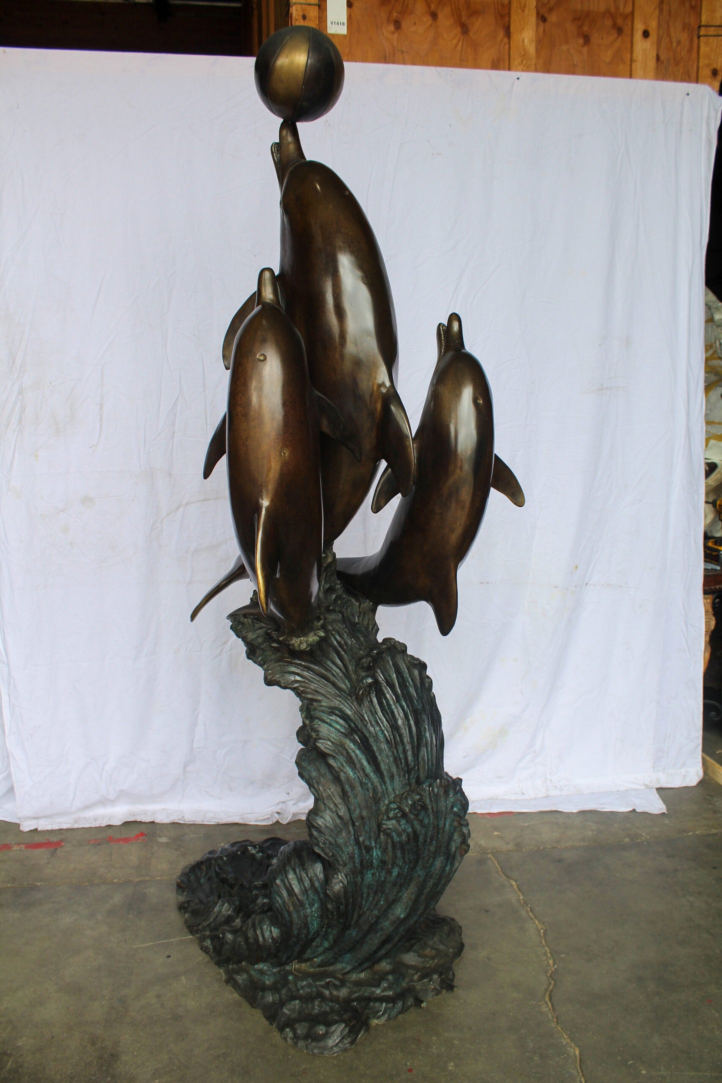 Three Dolphins Performing with Beach Ball Giant Bronze Fountain 41" x 27" x 91"H
