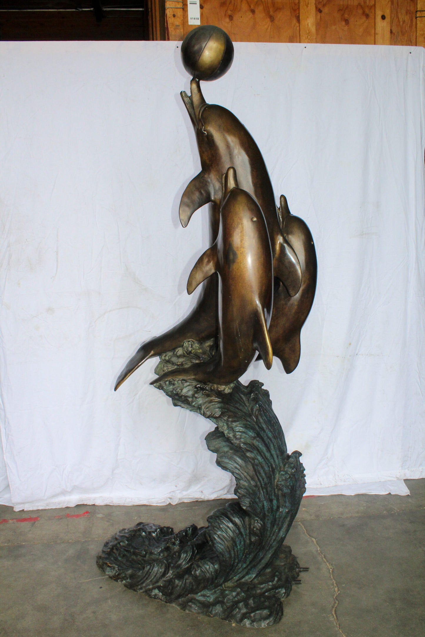 Three Dolphins Performing with Beach Ball Giant Bronze Fountain 41" x 27" x 91"H