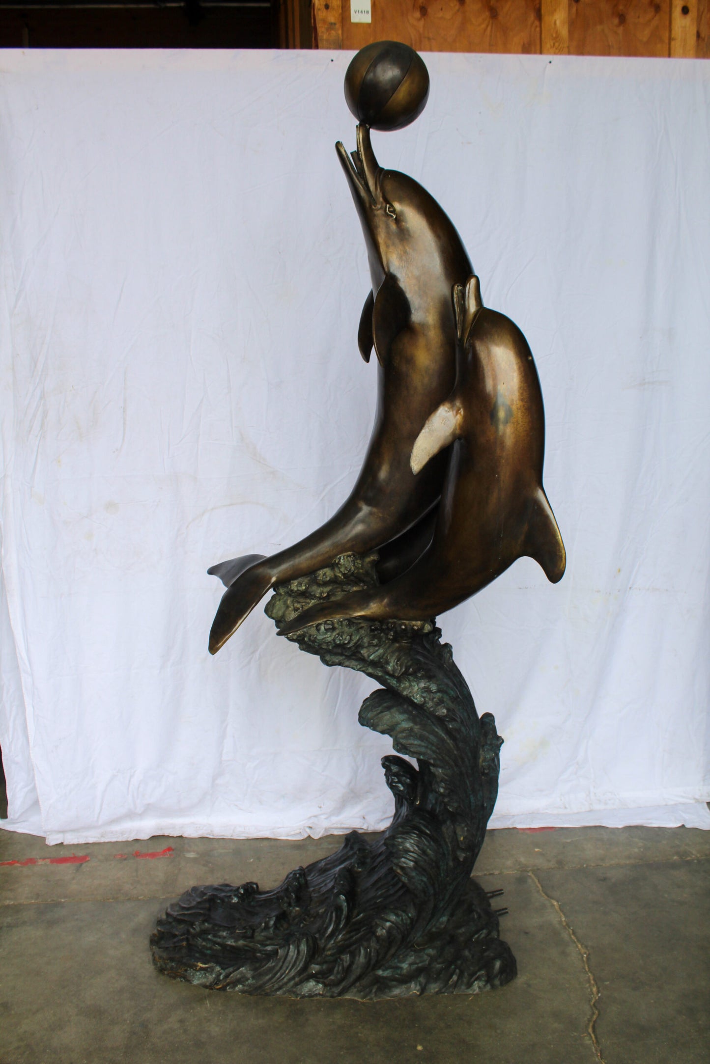 Three Dolphins Performing with Beach Ball Giant Bronze Fountain 41" x 27" x 91"H