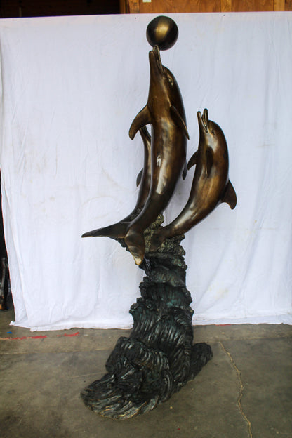 Three Dolphins Performing with Beach Ball Giant Bronze Fountain 41" x 27" x 91"H
