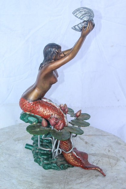 Colorful Mermaid Holding Shell Bronze Fountain 14" x 13" x 21"H