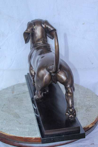 Detailed Dachshund Dog Walking Bronze Statue Mounted on Marble 29" x 8" x 15"H