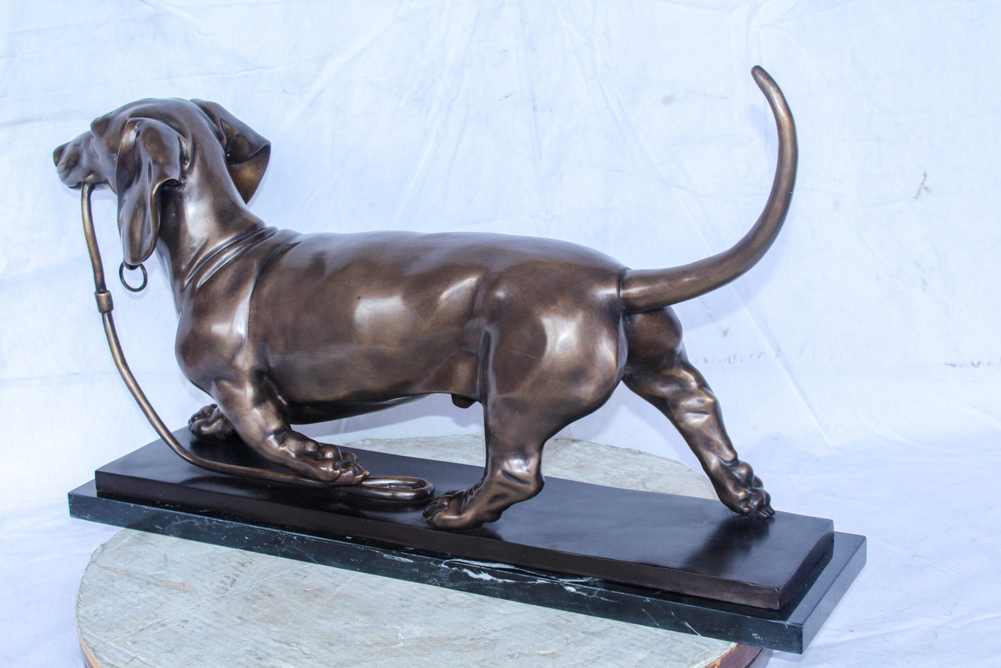 Detailed Dachshund Dog Walking Bronze Statue Mounted on Marble 29" x 8" x 15"H