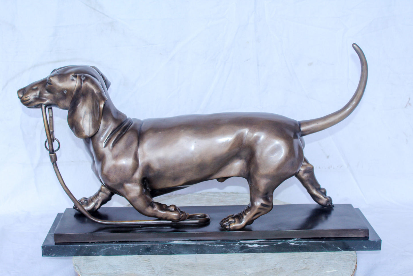 Detailed Dachshund Dog Walking Bronze Statue Mounted on Marble 29" x 8" x 15"H