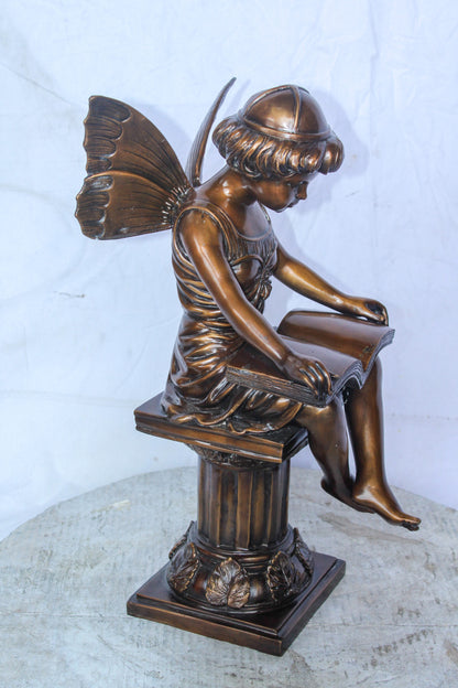Enchanting Fairy Reading Book Bronze Statue, Magical Home Decor 10" x 12" x 21"H