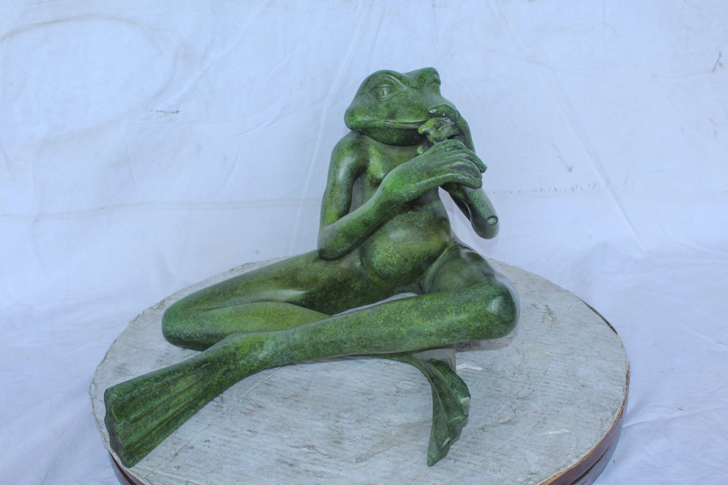 Musical Frog Playing Flute Bronze Statue with Green Patina 20" x 18" x 12"H