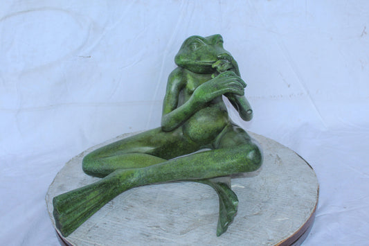 Musical Frog Playing Flute Bronze Statue with Green Patina 20" x 18" x 12"H