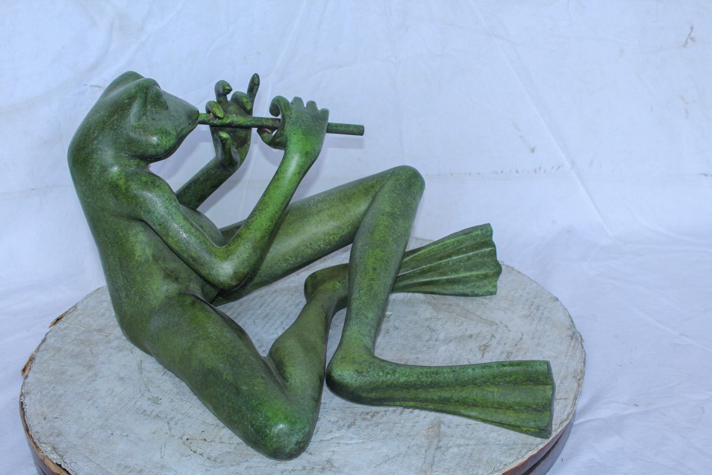 Musical Frog Playing Flute Bronze Statue with Green Patina 20" x 18" x 12"H