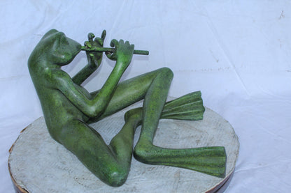 Musical Frog Playing Flute Bronze Statue with Green Patina 20" x 18" x 12"H