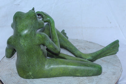 Musical Frog Playing Flute Bronze Statue with Green Patina 20" x 18" x 12"H