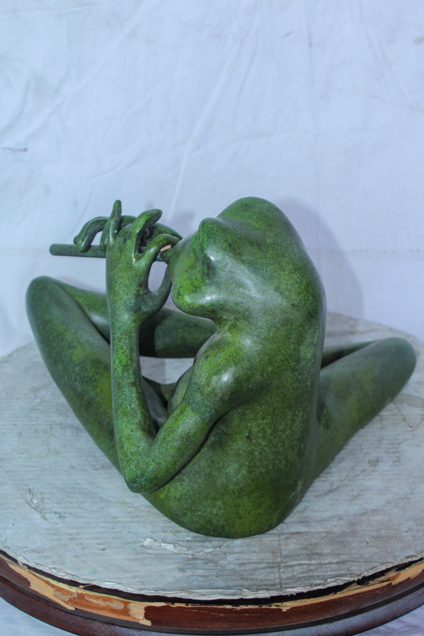 Musical Frog Playing Flute Bronze Statue with Green Patina 20" x 18" x 12"H