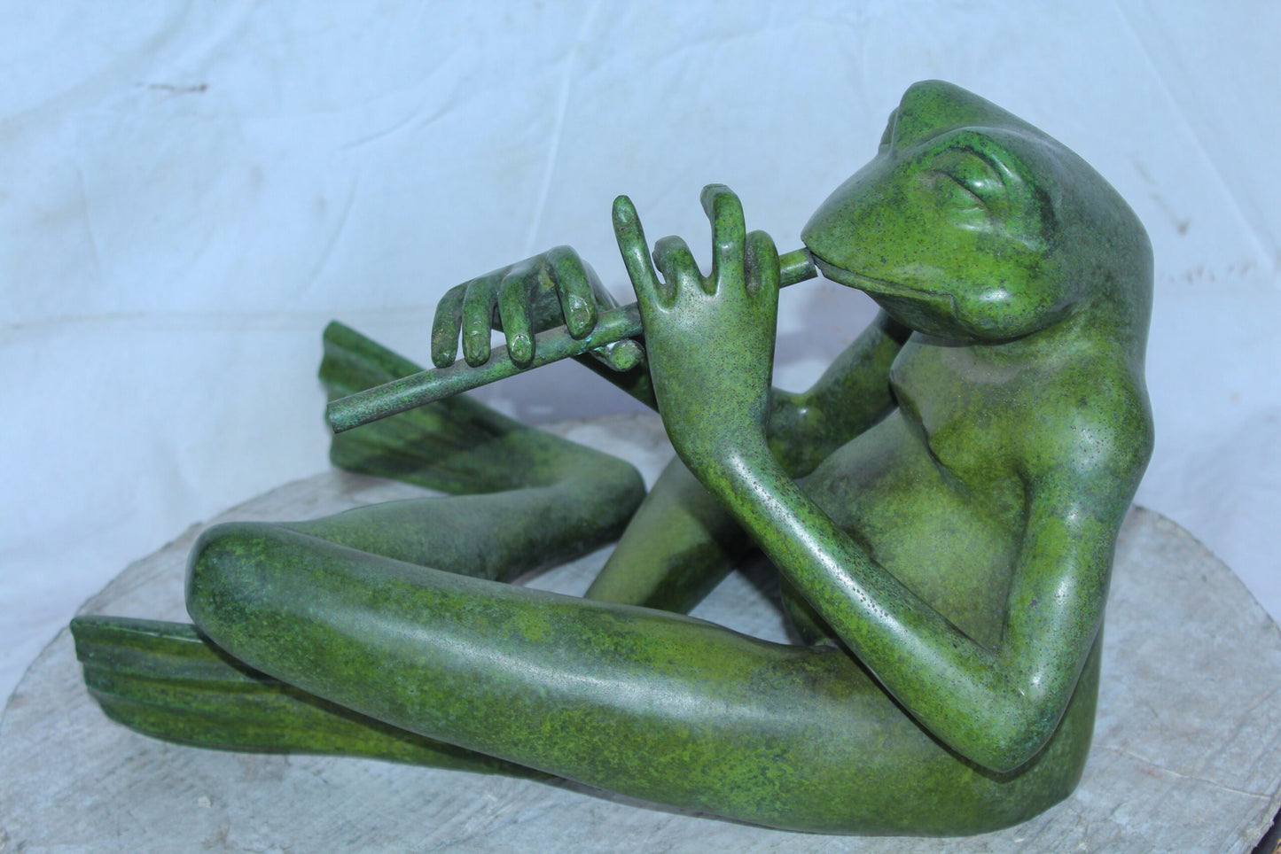 Musical Frog Playing Flute Bronze Statue with Green Patina 20" x 18" x 12"H