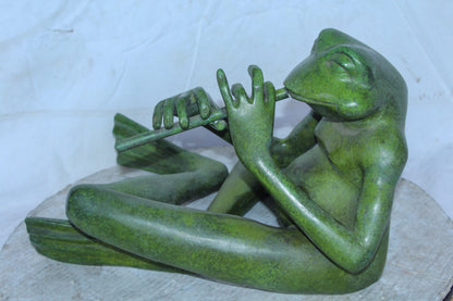 Musical Frog Playing Flute Bronze Statue with Green Patina 20" x 18" x 12"H