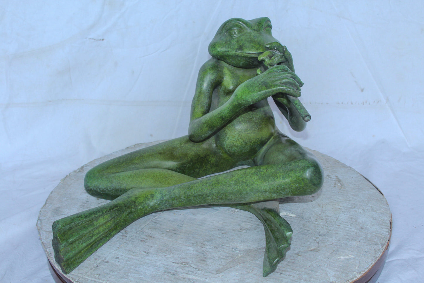 Musical Frog Playing Flute Bronze Statue with Green Patina 20" x 18" x 12"H