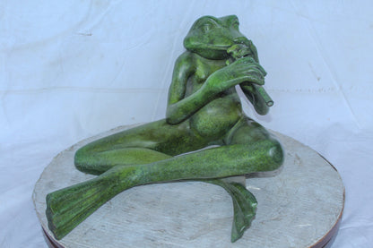 Musical Frog Playing Flute Bronze Statue with Green Patina 20" x 18" x 12"H