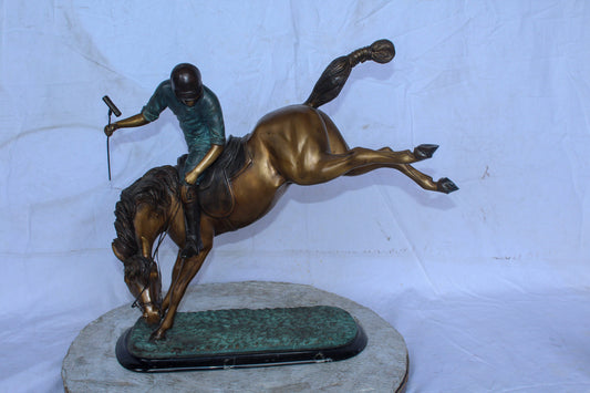 Dynamic Polo Player and Horse in Game Action Bronze Statue  21" x 11" x 22"H