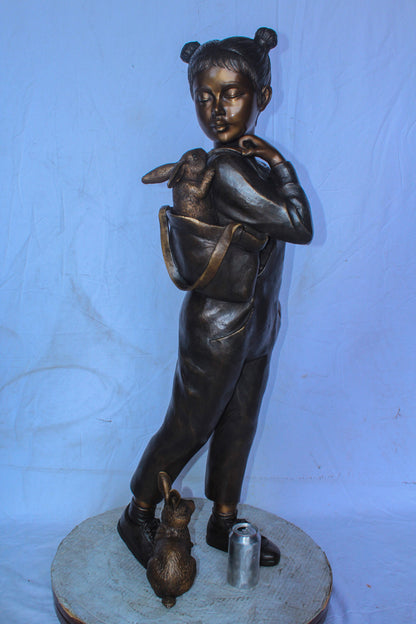 Girl with Two Bunnies in Nature Bronze Statue, Delightful Decor 17" x 13" x 44"H