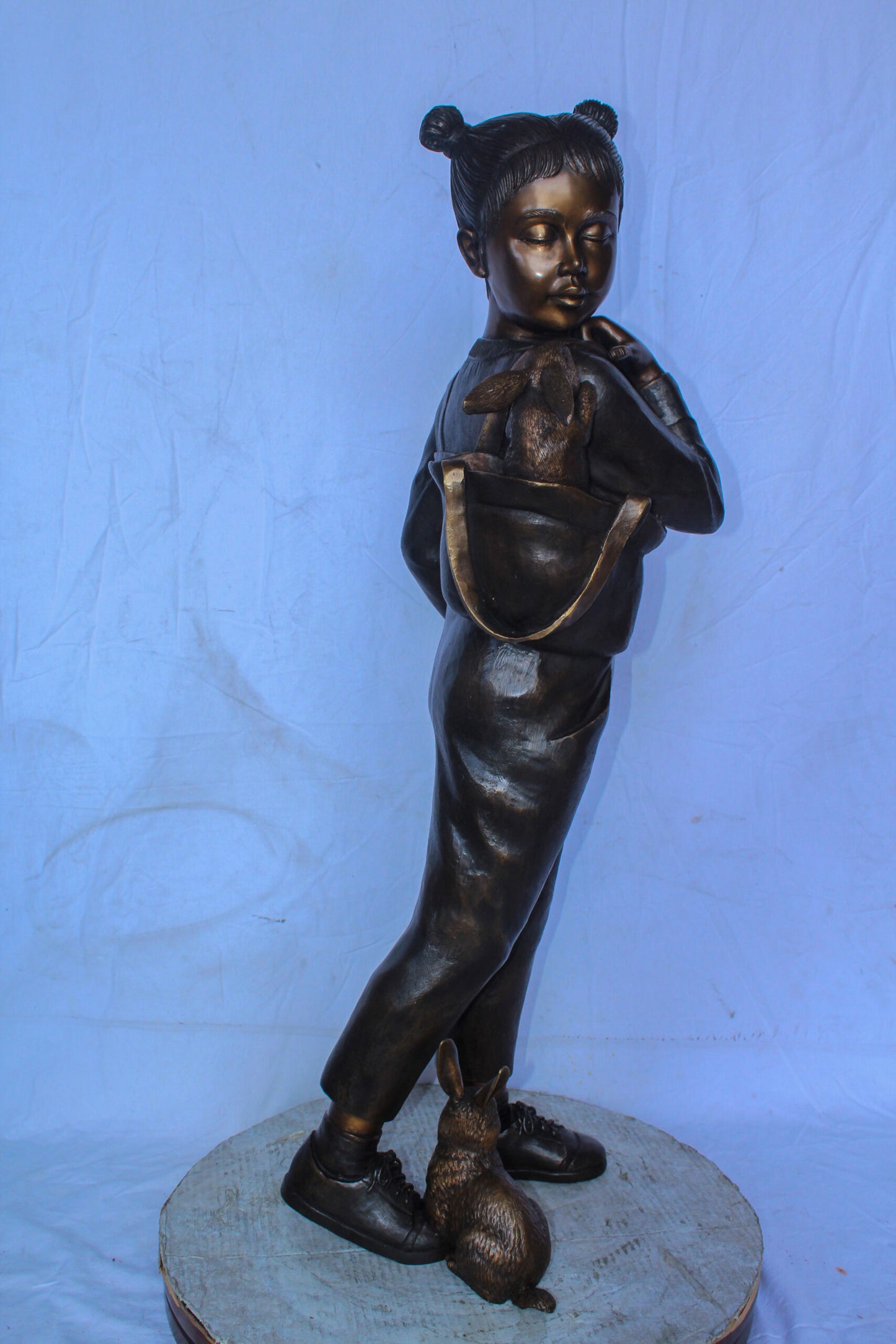 Girl with Two Bunnies in Nature Bronze Statue, Delightful Decor 17" x 13" x 44"H
