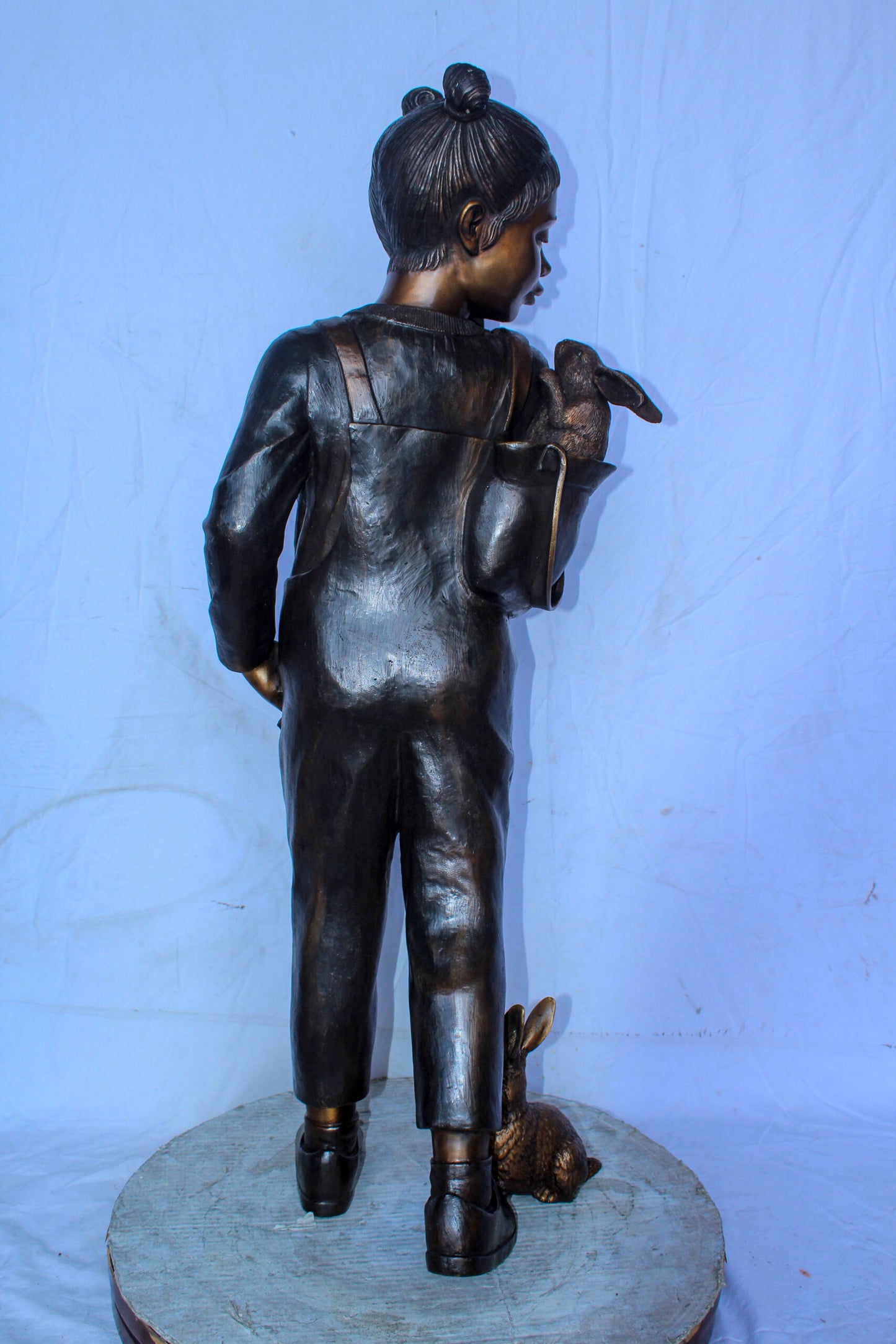 Girl with Two Bunnies in Nature Bronze Statue, Delightful Decor 17" x 13" x 44"H