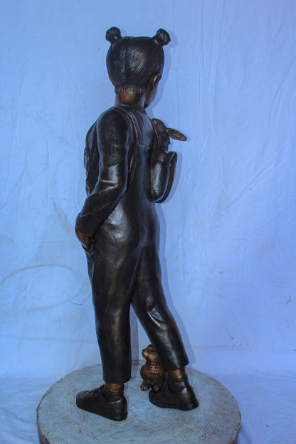 Girl with Two Bunnies in Nature Bronze Statue, Delightful Decor 17" x 13" x 44"H