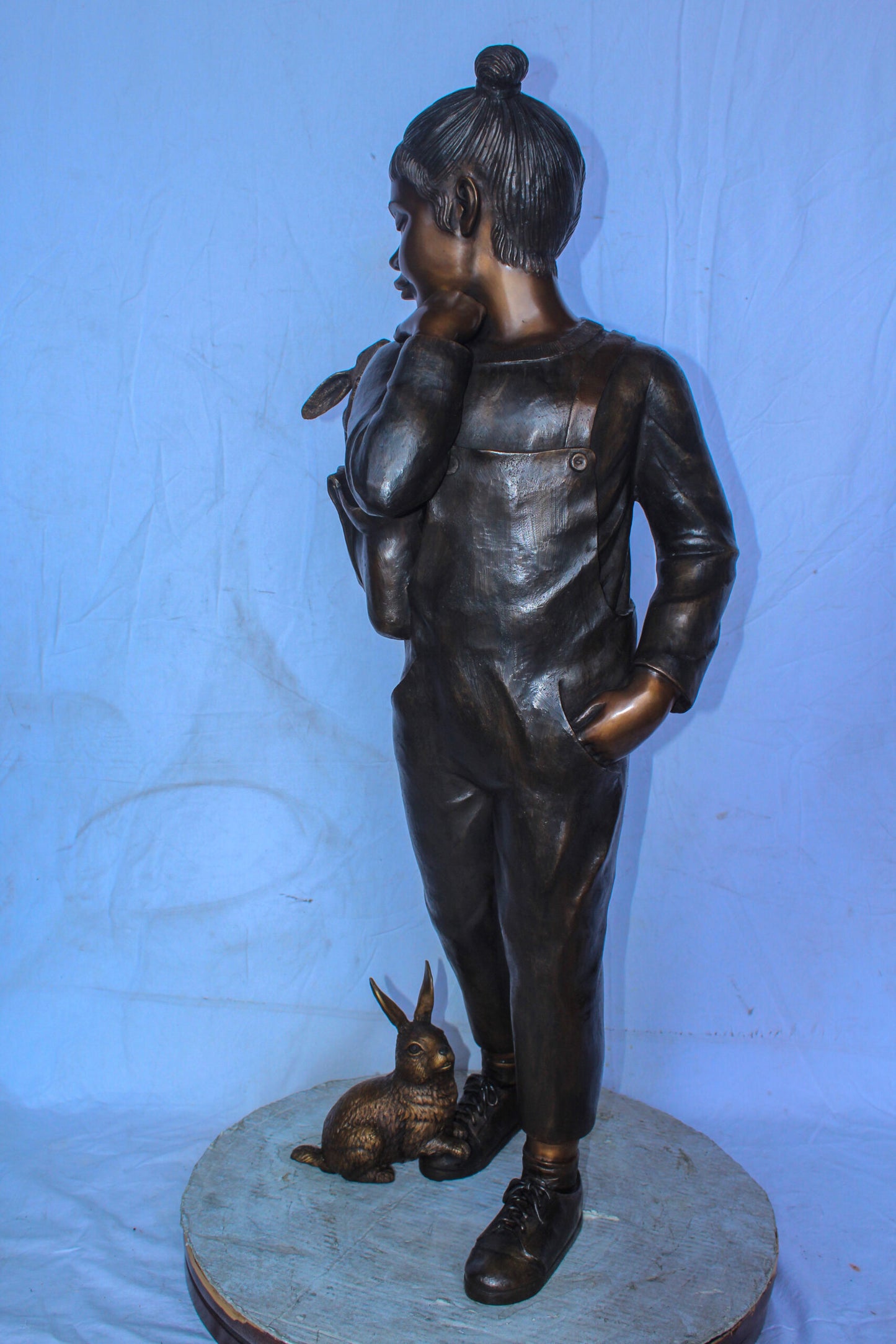 Girl with Two Bunnies in Nature Bronze Statue, Delightful Decor 17" x 13" x 44"H