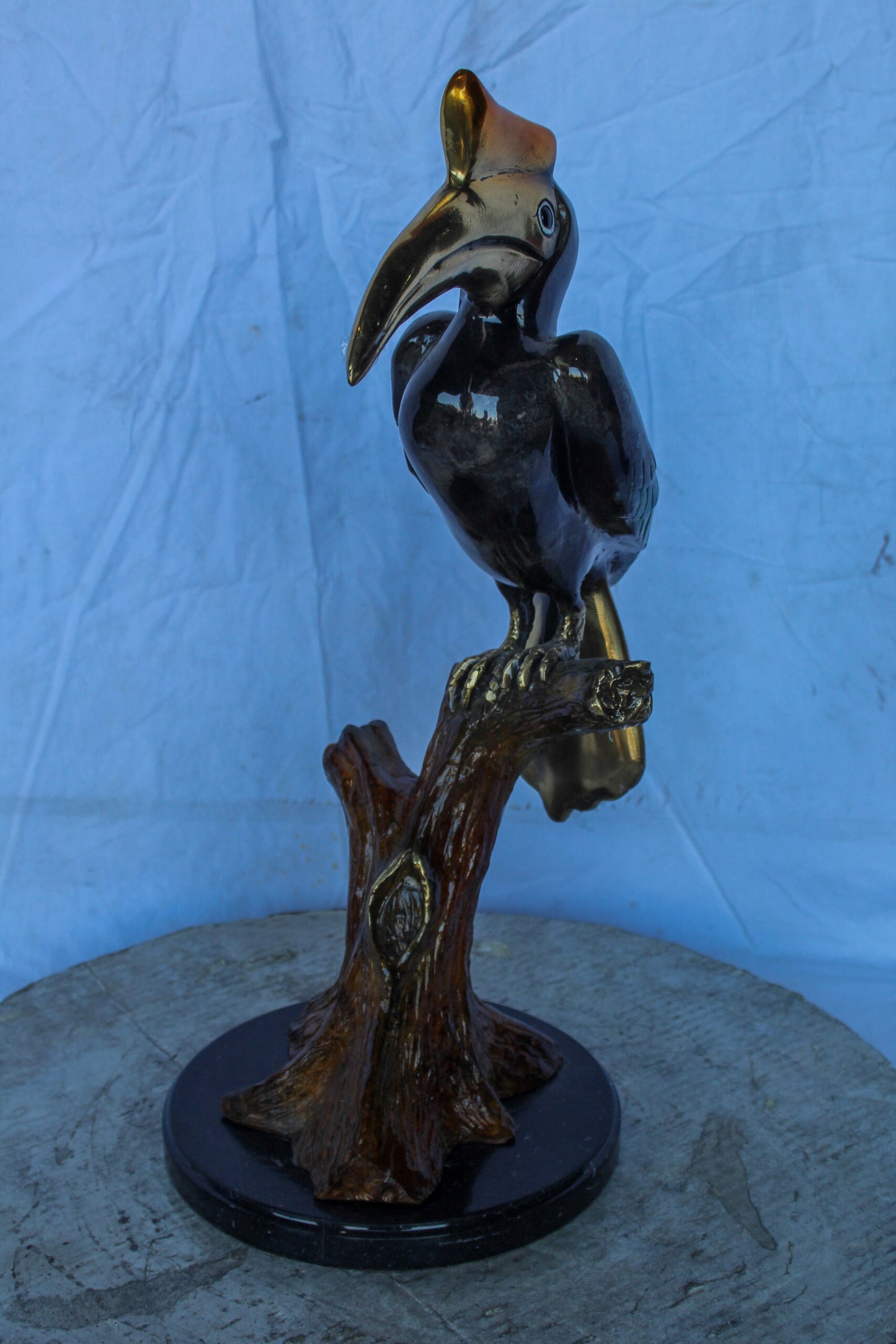 Hornbill Bird on Tree Branch, Colored Bronze Statue 10" x 10" x 22"H