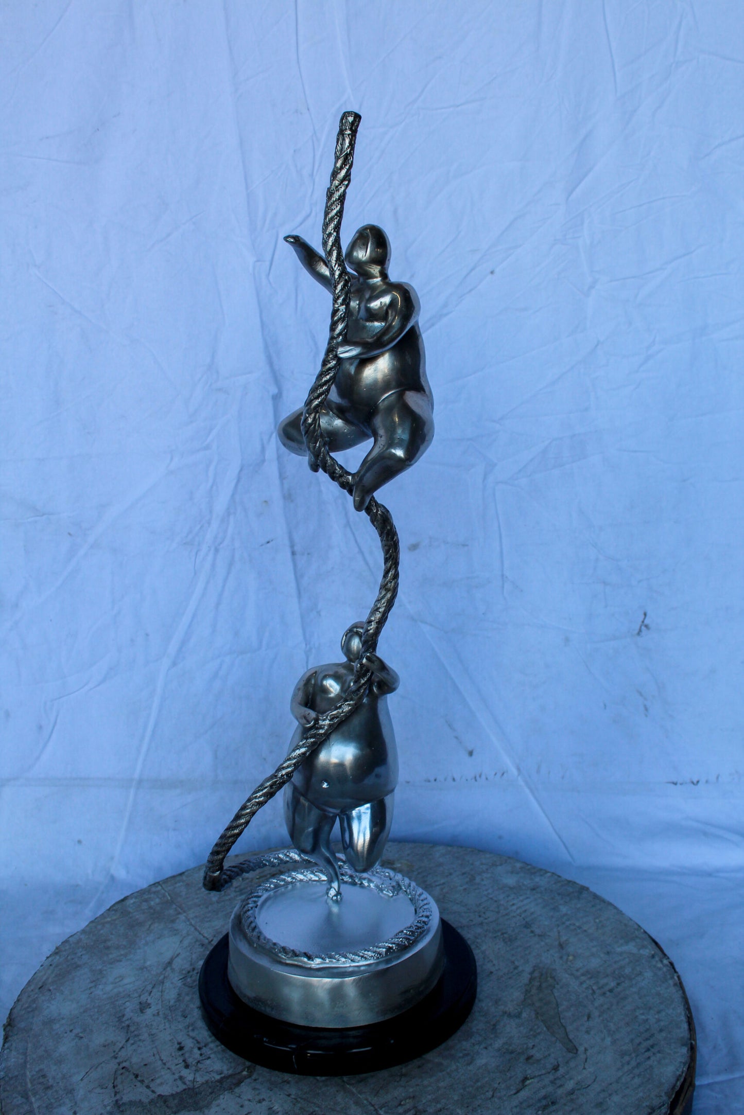 Two Voluptuous Women Climbing a Rope Statue, Silver Finish 10" x 10" x 29"H