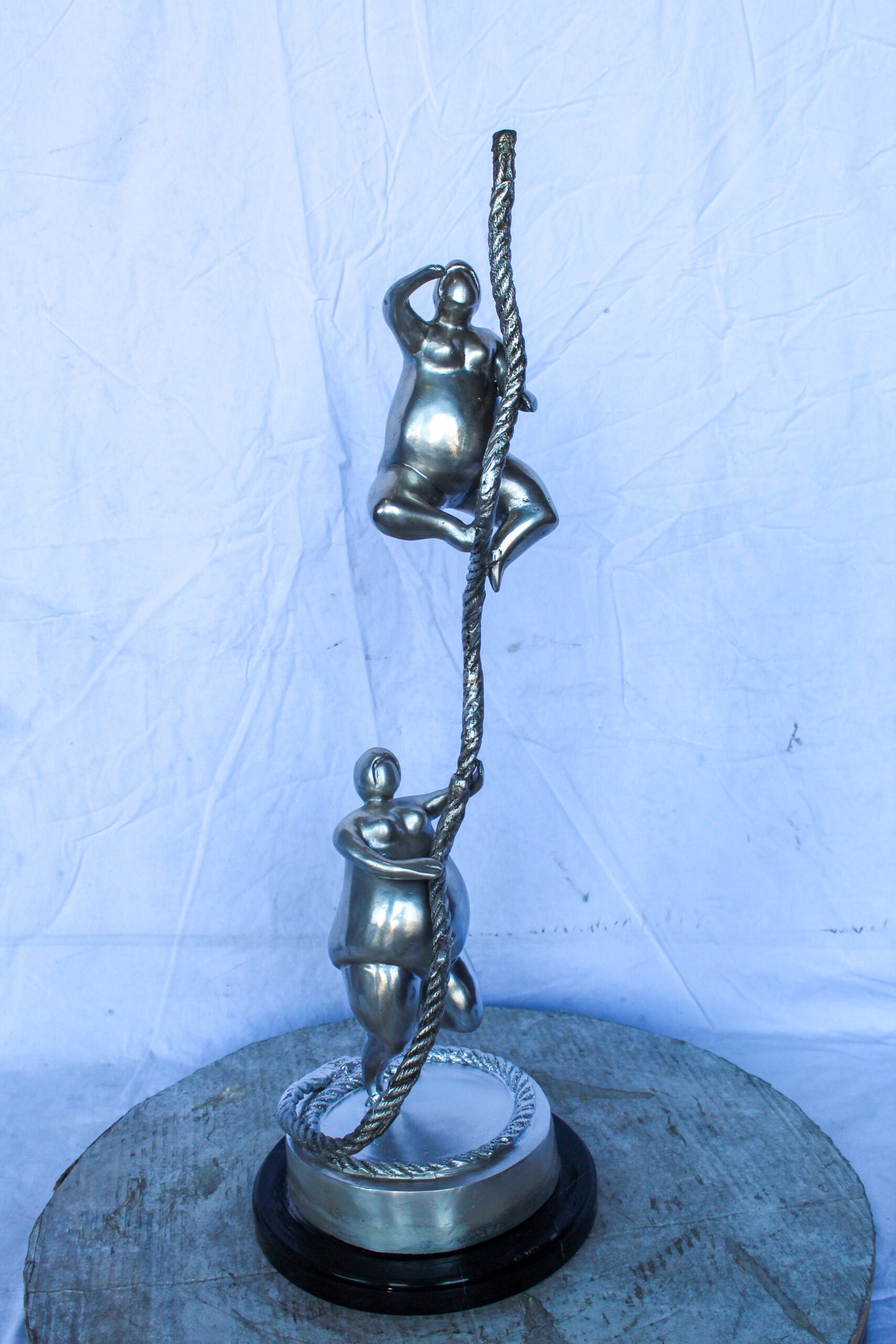 Two Voluptuous Women Climbing a Rope Statue, Silver Finish 10" x 10" x 29"H