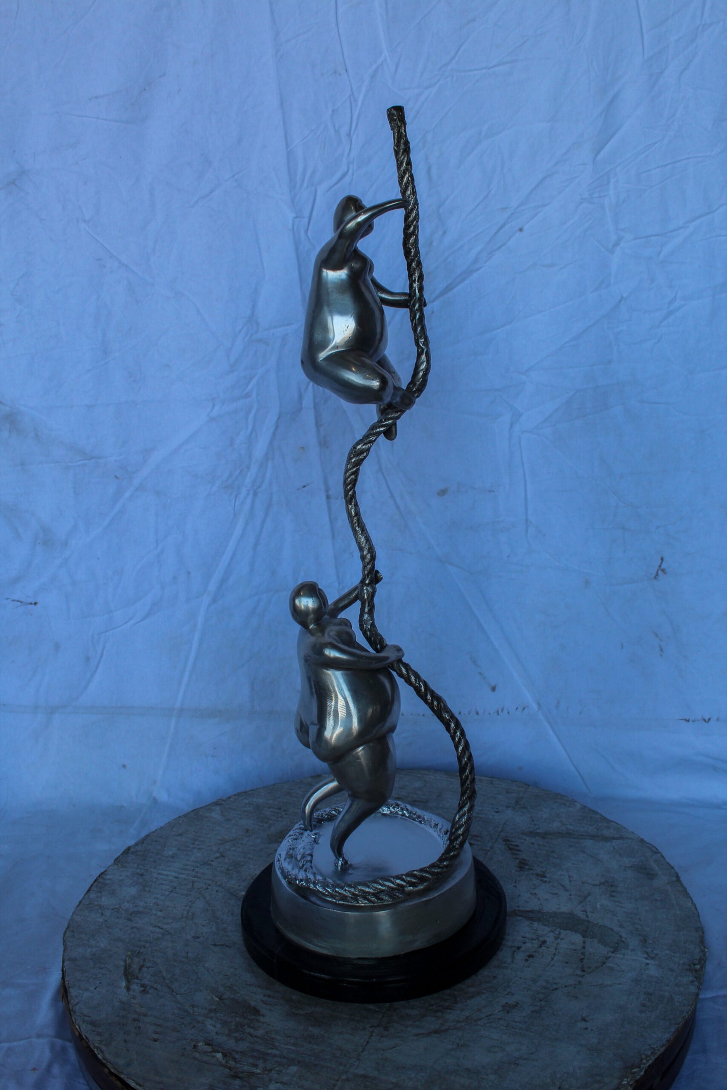 Two Voluptuous Women Climbing a Rope Statue, Silver Finish 10" x 10" x 29"H