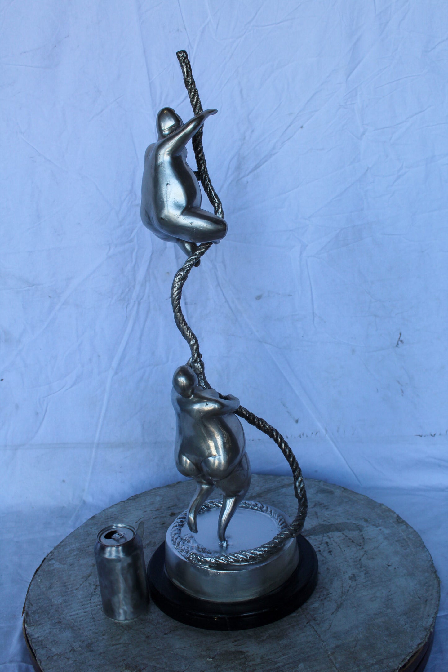Two Voluptuous Women Climbing a Rope Statue, Silver Finish 10" x 10" x 29"H
