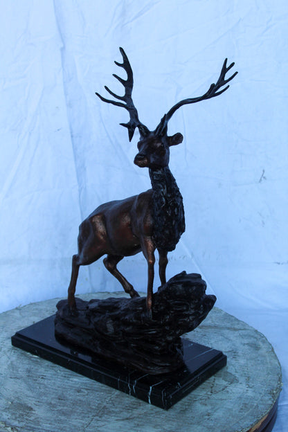 Bronze Statue of Deer Walking on Rocks, Elegant Wildlife Decor 15" x 7" x 21"H