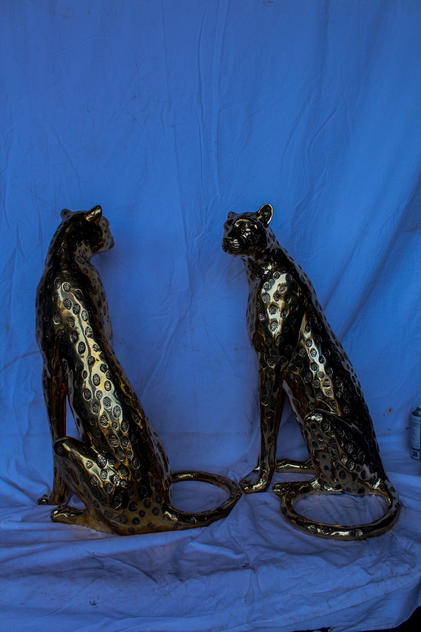 Pair of Sitting Cheetahs Bronze Statues, Gold Finish 21" x 21" x 34"H
