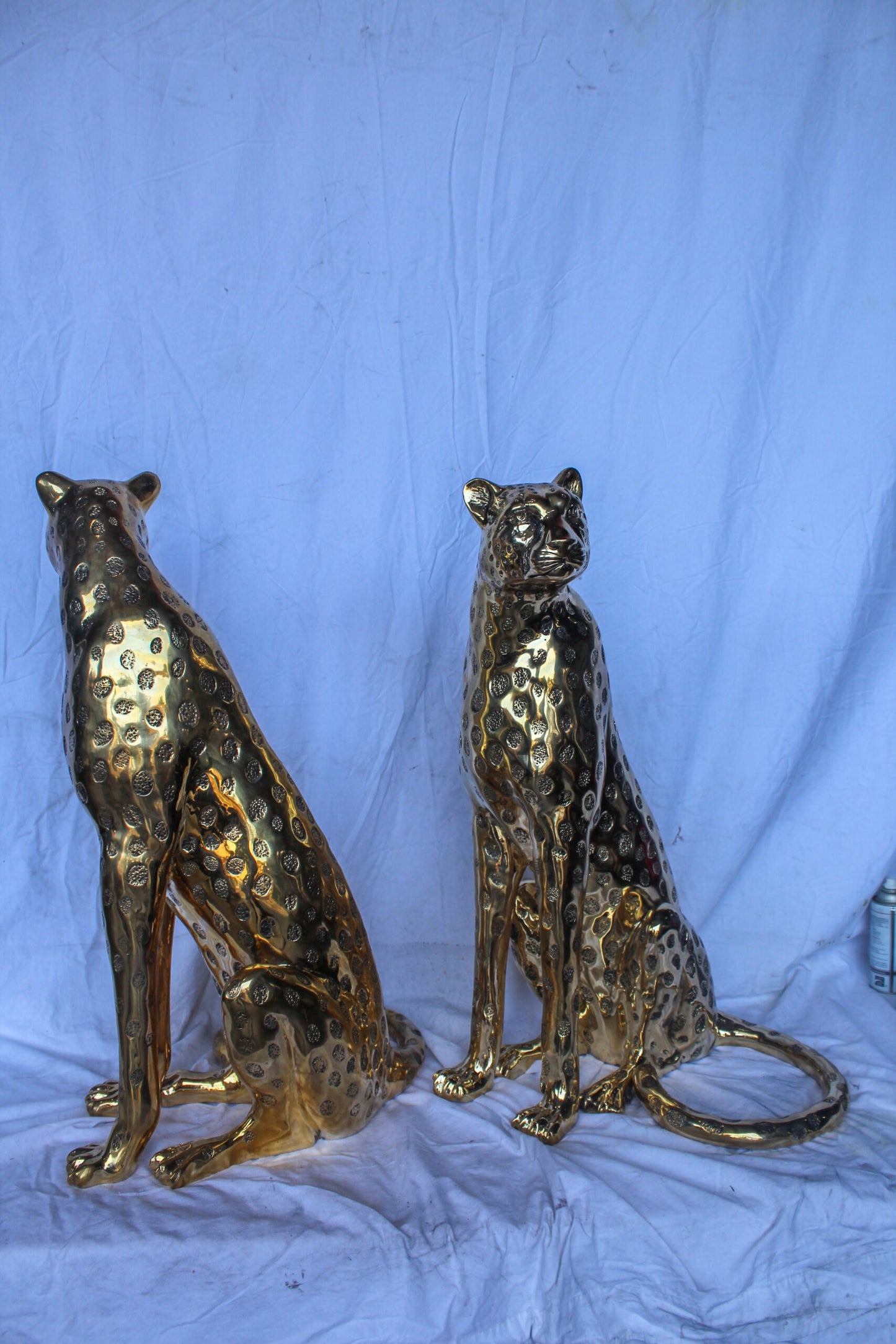 Pair of Sitting Cheetahs Bronze Statues, Gold Finish 21" x 21" x 34"H