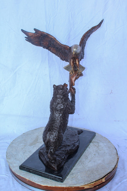 Bronze Statue of an Eagle and Bear Fighting for Fish Prey  24" x 9" x 28"H