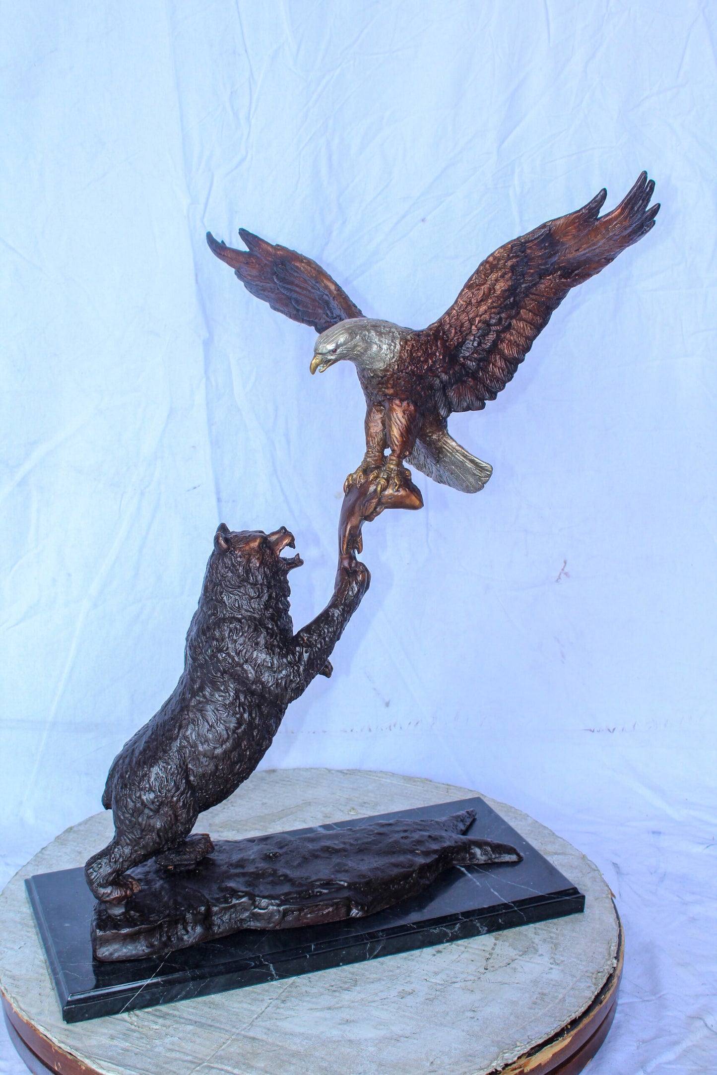 Bronze Statue of an Eagle and Bear Fighting for Fish Prey  24" x 9" x 28"H