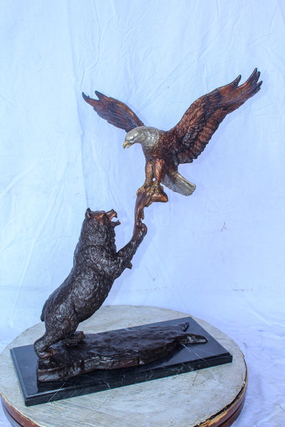 Bronze Statue of an Eagle and Bear Fighting for Fish Prey  24" x 9" x 28"H