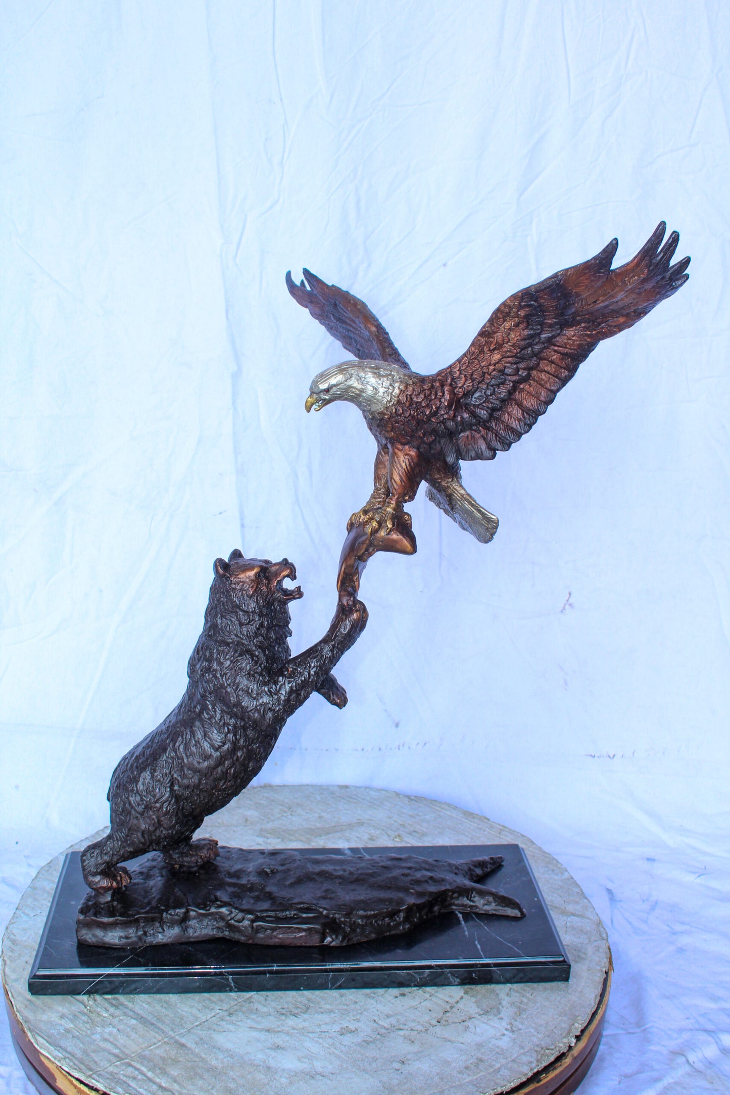 Bronze Statue of an Eagle and Bear Fighting for Fish Prey  24" x 9" x 28"H