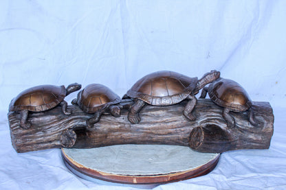 Four Turtles on Tree Log Bronze Statue, Charming Wildlife Decor 39" x 15" x 10"H