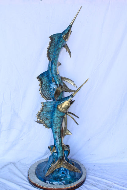 Bronze Statue, School of Three Sailfish Jumping of the Water 28" x 18" x 66"H