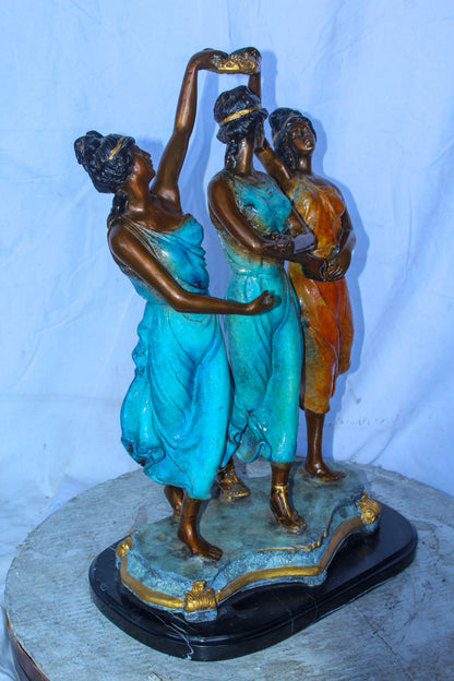 Three Dancing Ladies, Colorful Bronze Statue on a marble base 15" x 10" x 23"H