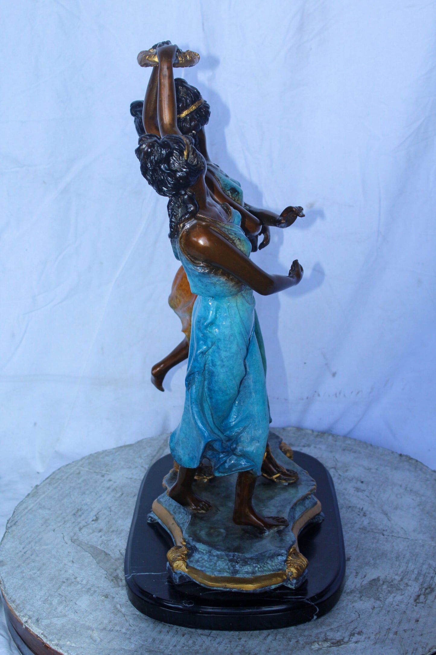 Three Dancing Ladies, Colorful Bronze Statue on a marble base 15" x 10" x 23"H