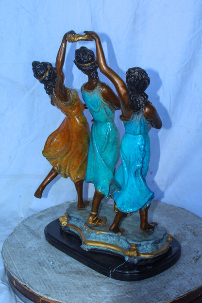 Three Dancing Ladies, Colorful Bronze Statue on a marble base 15" x 10" x 23"H