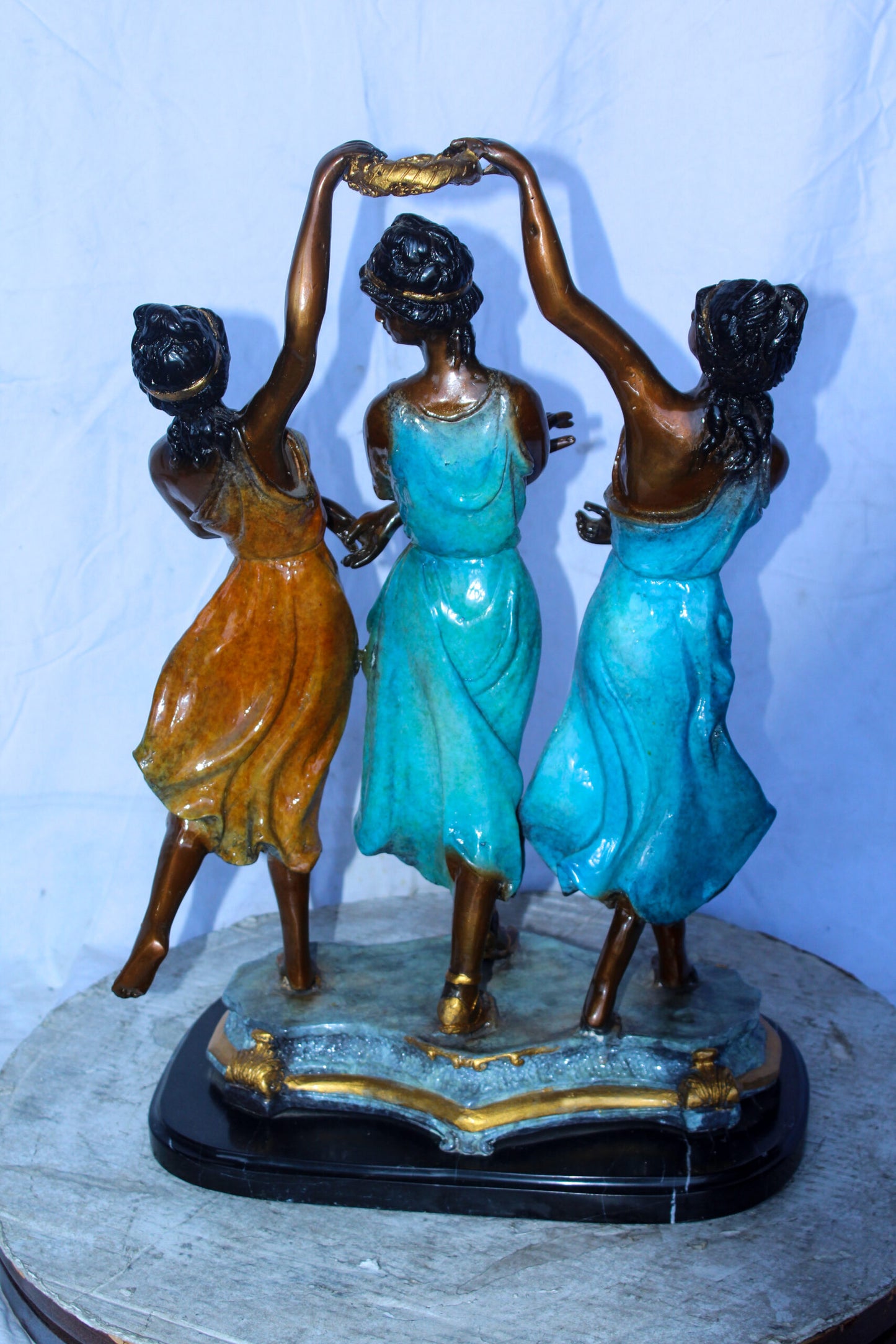 Three Dancing Ladies, Colorful Bronze Statue on a marble base 15" x 10" x 23"H