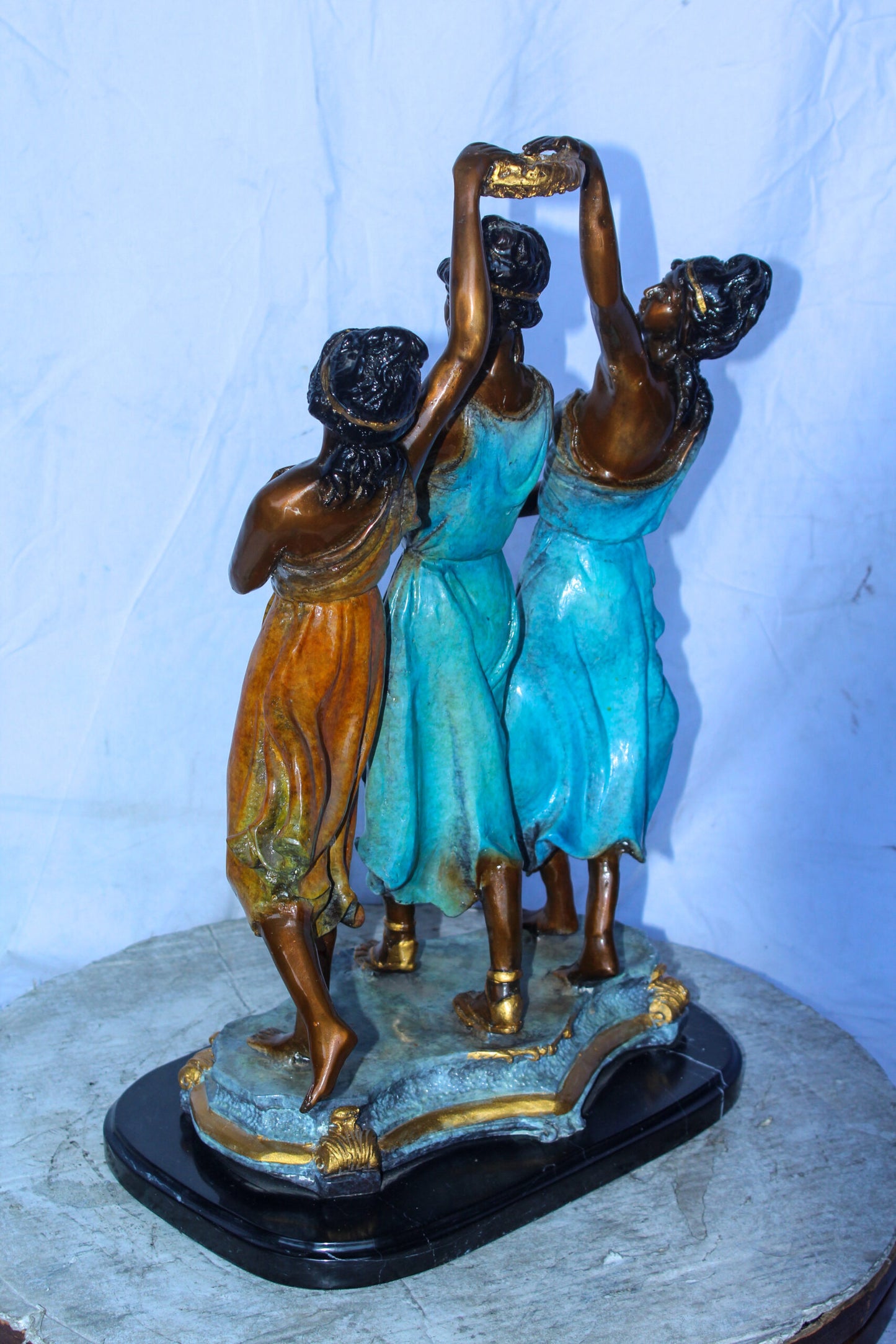 Three Dancing Ladies, Colorful Bronze Statue on a marble base 15" x 10" x 23"H
